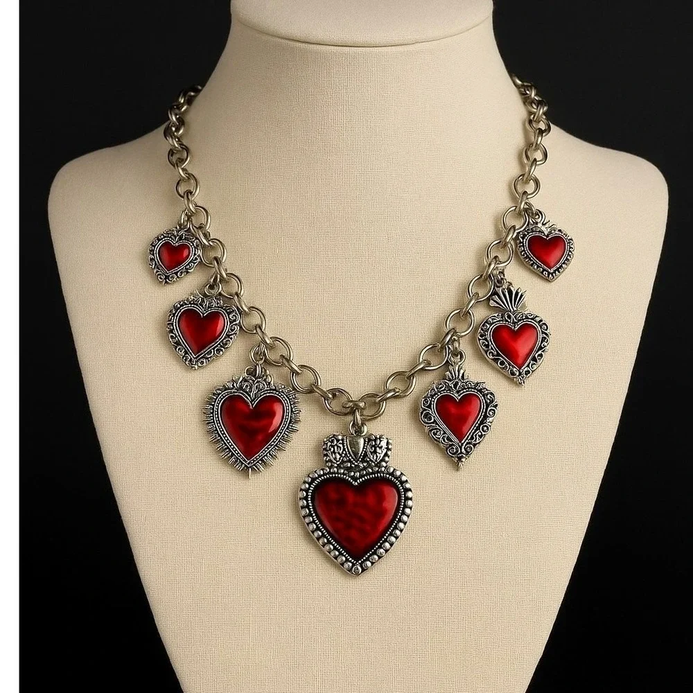 New Red Corazon Sagrado Sacred‎ Heart Charm Necklace Chunky Religious Spanish